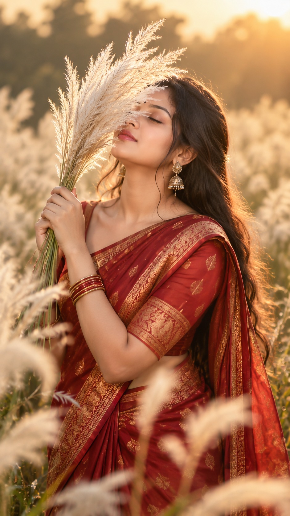 Red Saree in Kash Flower Field 🌾
